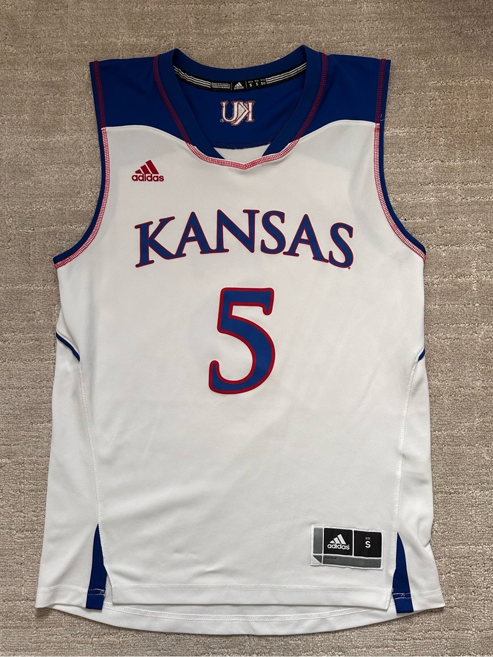 adidas Kansas White, Blue & Red #5 Basketball Jersey